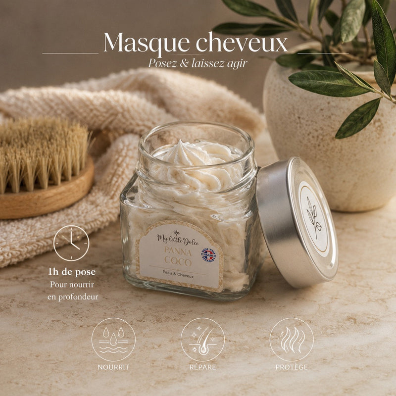 Pot de Panna Coco ouvert, texture chantilly blanche, posé près d'une brosse et d'une serviette en coton