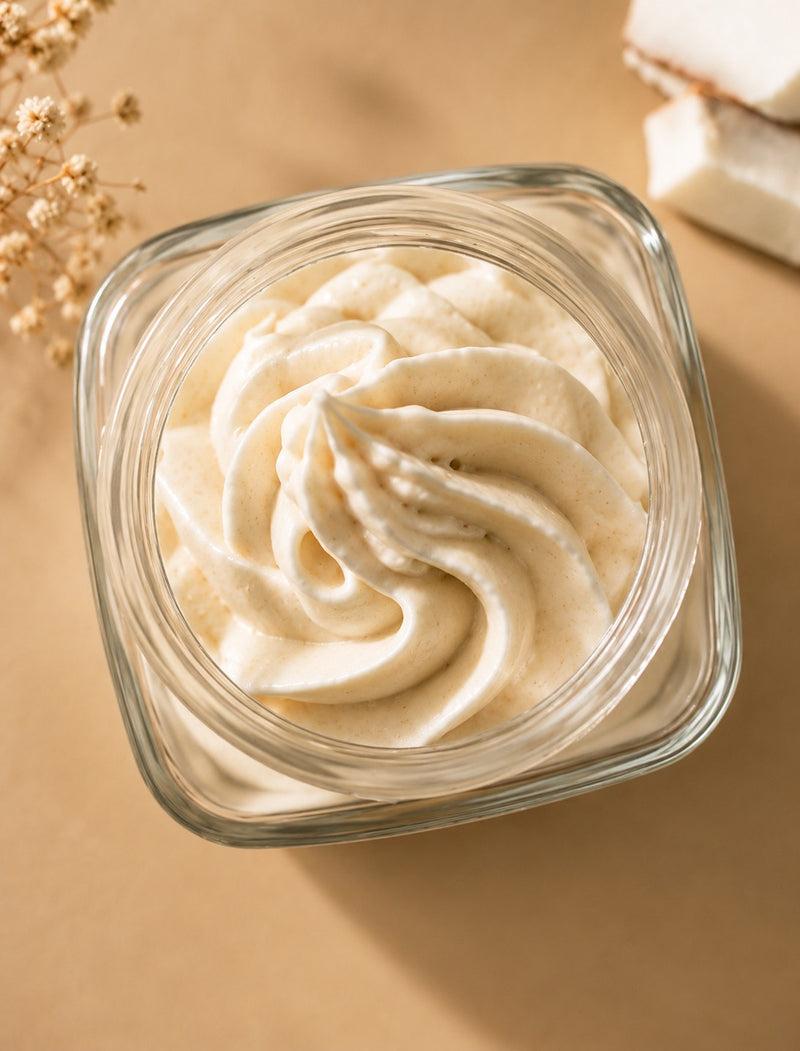 Chantilly de karité fouettée vue de dessus dans son pot en verre, à côté de morceaux de beurre de karité